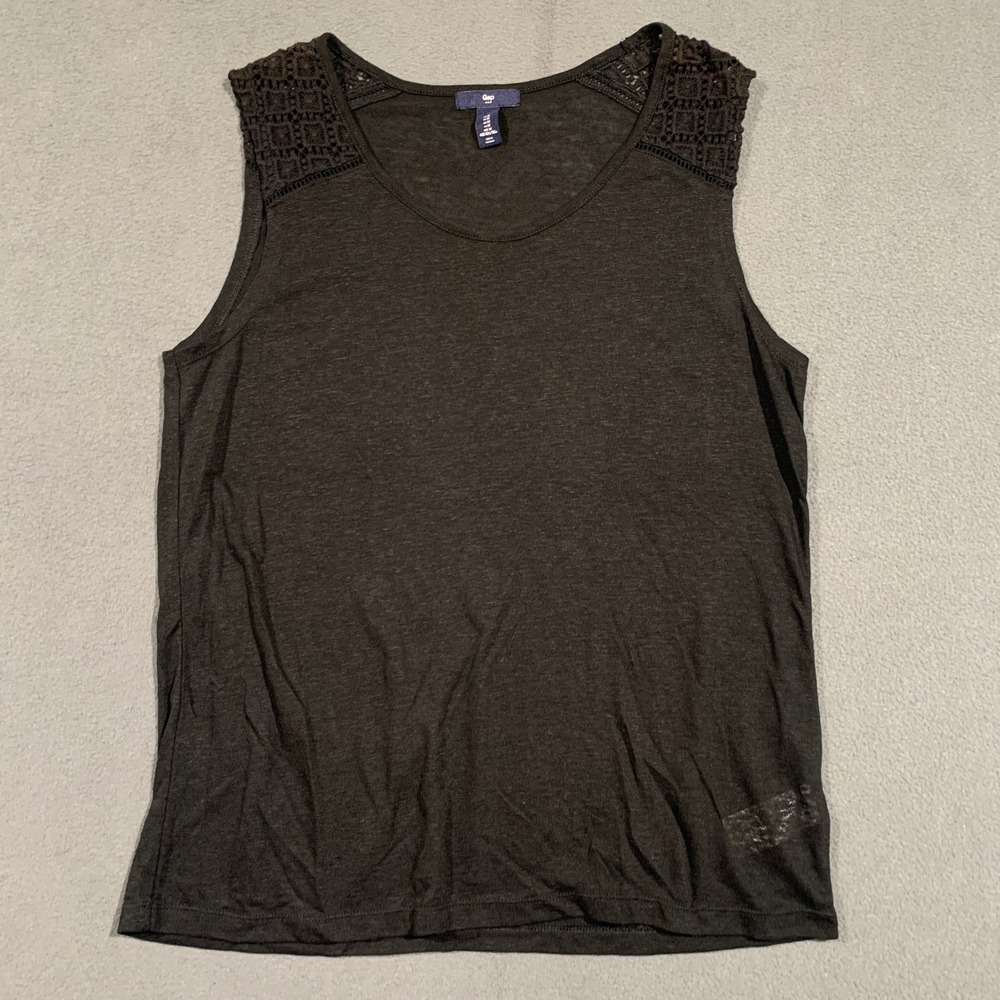 Gap Women's Tank Top Black Crochet Detail Linen Blend Casual Sleeveless‎ Shirt